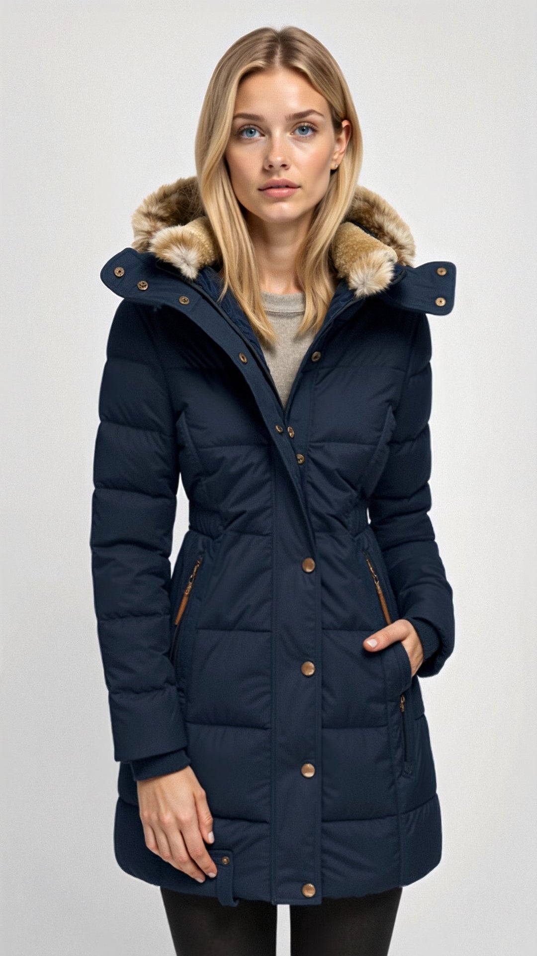 Damen Kapuzen-Pufferjacke – Mittellanger Wintermantel