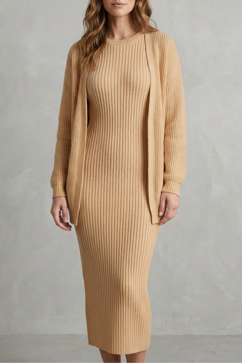 Set Damen - Geripptes Strick-Zwei-Teile-Outfit mit Kleid und Cardigan