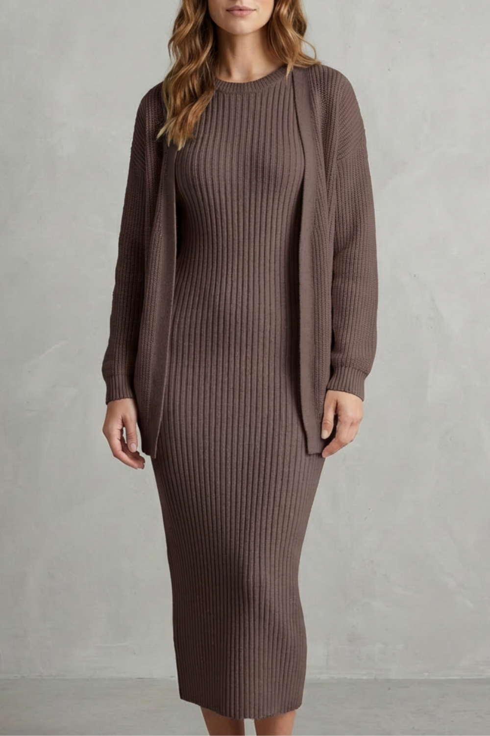 Set Damen - Geripptes Strick-Zwei-Teile-Outfit mit Kleid und Cardigan