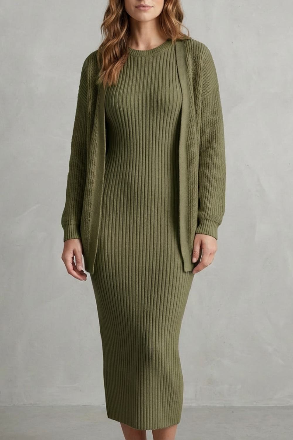 Set Damen - Geripptes Strick-Zwei-Teile-Outfit mit Kleid und Cardigan