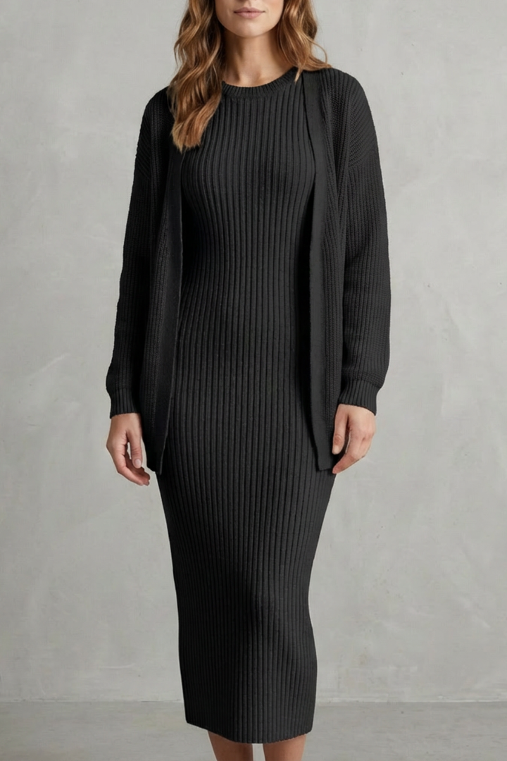 Set Damen - Geripptes Strick-Zwei-Teile-Outfit mit Kleid und Cardigan