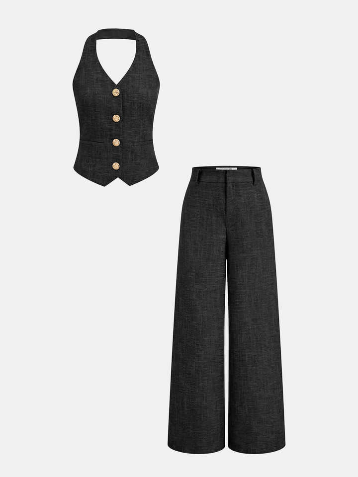Violett | Zweiteiliges Set mit Halter-Gilet und weit geschnittenen Hosen