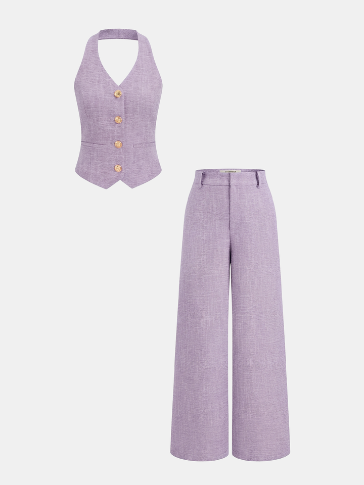 Violett | Zweiteiliges Set mit Halter-Gilet und weit geschnittenen Hosen
