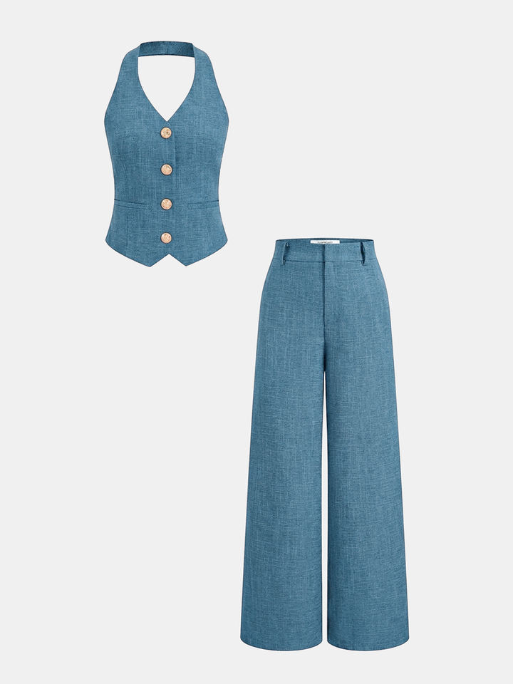 Violett | Zweiteiliges Set mit Halter-Gilet und weit geschnittenen Hosen