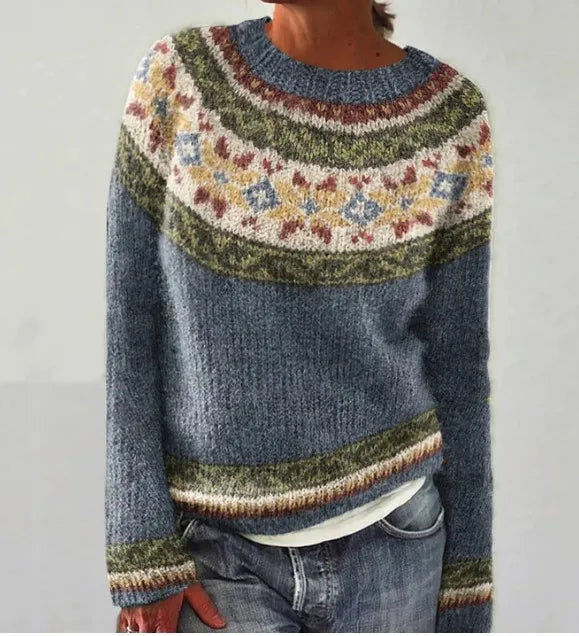 Damen Norwegischer Fair Isle Pullover – Nordischer Rundhals Strickpullover