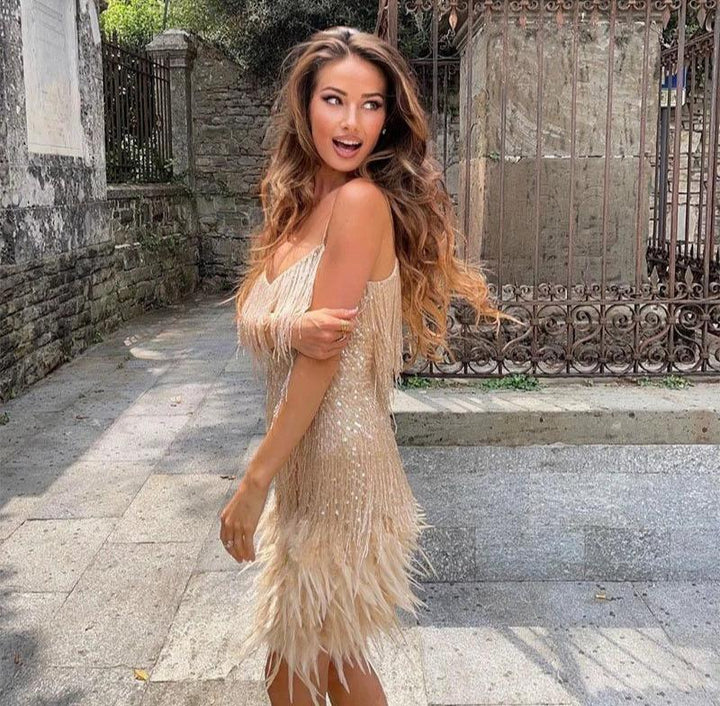 Damen Cocktailkleid | Ärmelloses Fransen