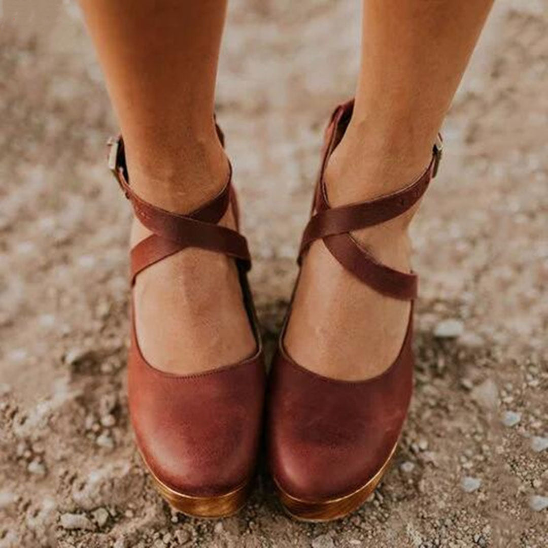 Damen Wedge-Heels mit geschlossenem Zehenbereich, Knöchelriemen und stabiler Basis