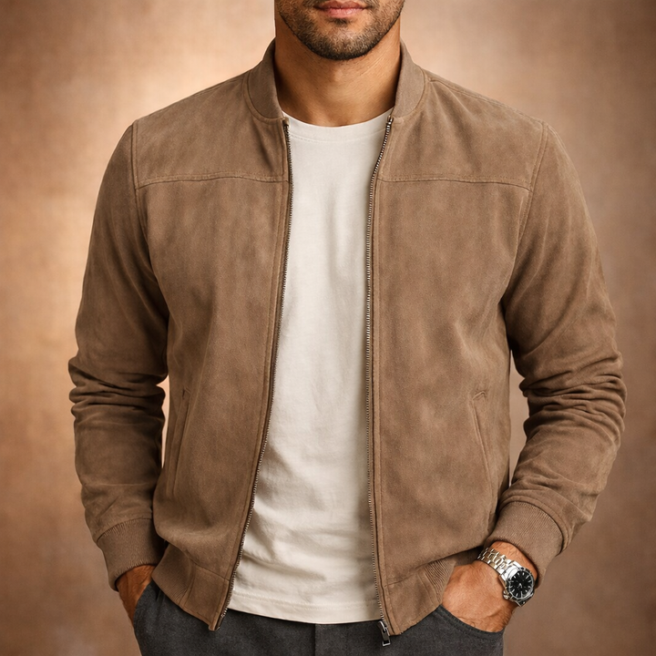 Herren Bomberjacke im Wildleder-Look – Leichte Jacke mit Reißverschluss für Smart Casual Nutzung