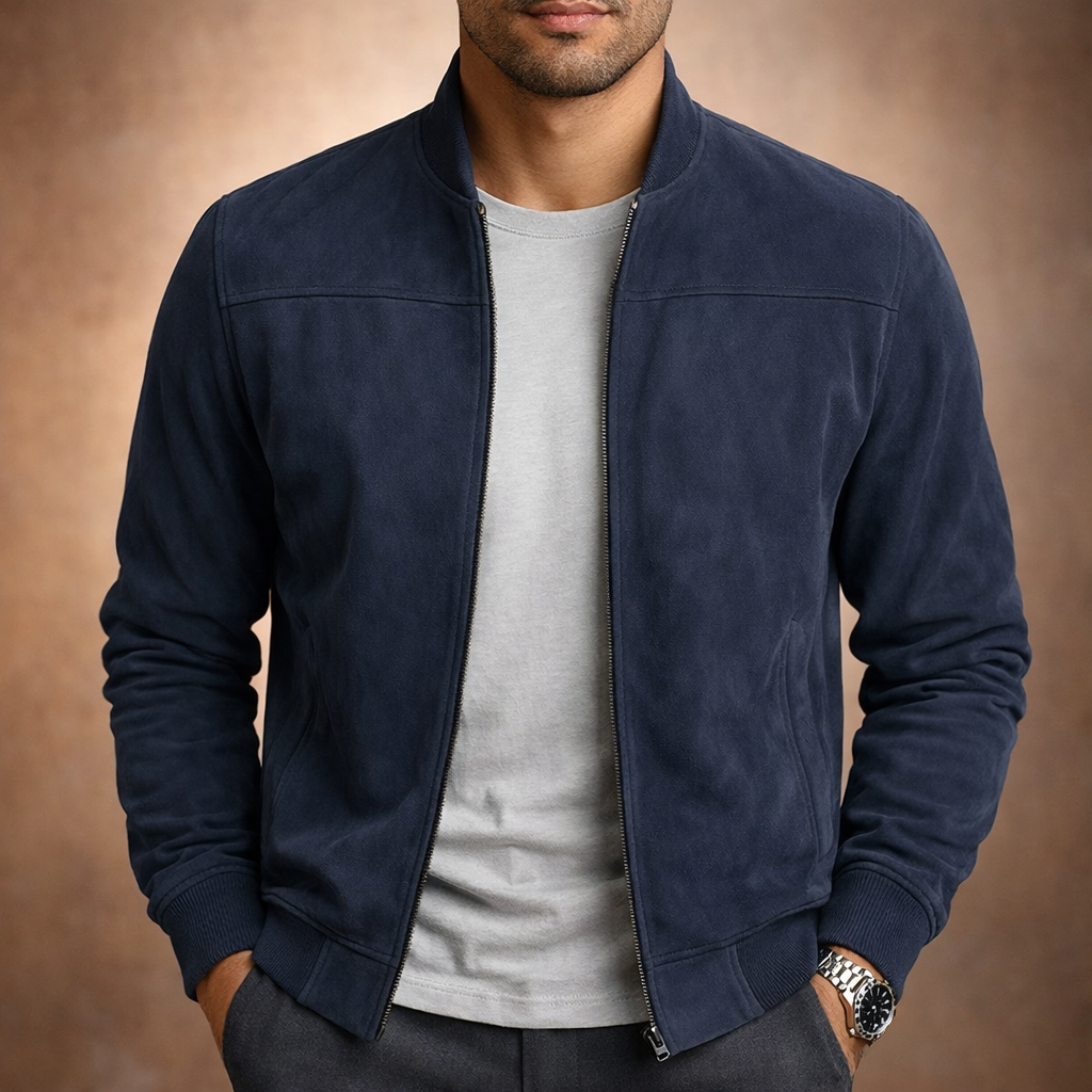 Herren Bomberjacke im Wildleder-Look – Leichte Jacke mit Reißverschluss für Smart Casual Nutzung