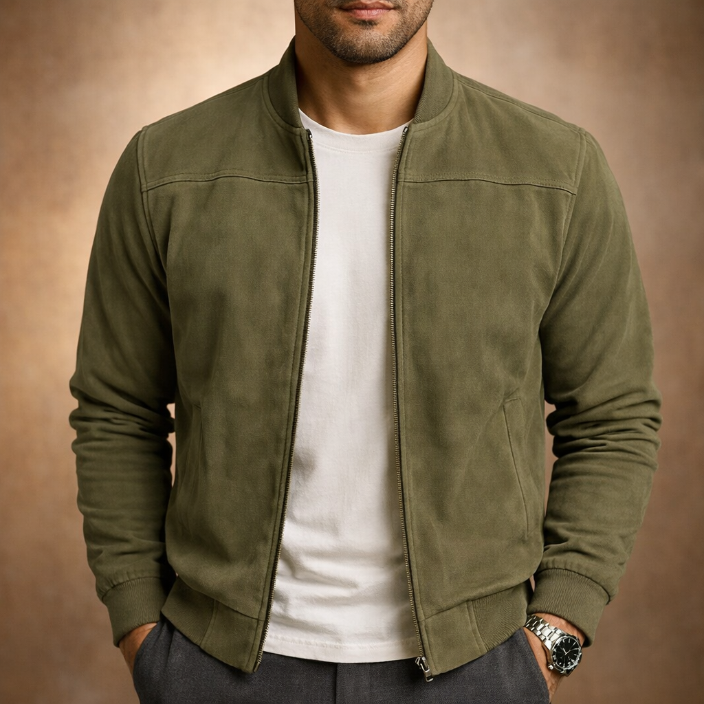 Herren Bomberjacke im Wildleder-Look – Leichte Jacke mit Reißverschluss für Smart Casual Nutzung