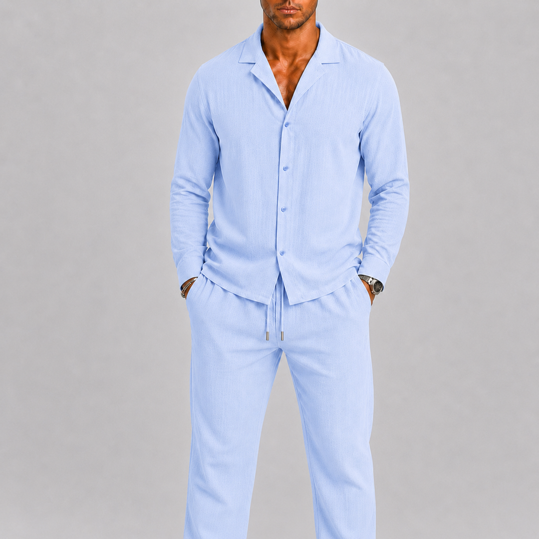 Ensemble en lin pour homme à col cubain, style estival intemporel