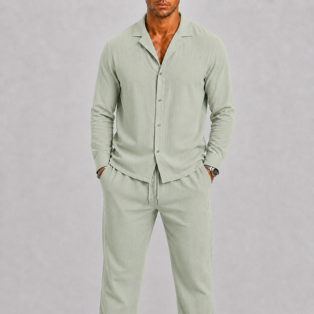 Ensemble en lin pour homme à col cubain, style estival intemporel