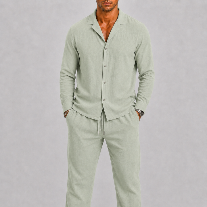 Ensemble en lin pour homme à col cubain, style estival intemporel