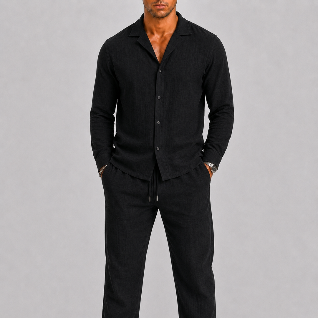 Ensemble en lin pour homme à col cubain, style estival intemporel