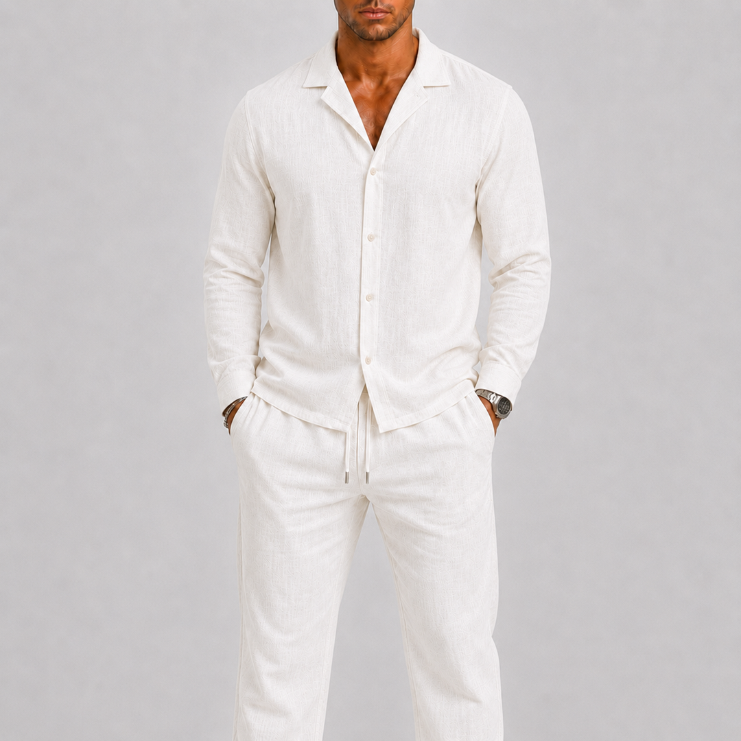 Ensemble en lin pour homme à col cubain, style estival intemporel