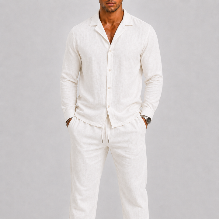 Ensemble en lin pour homme à col cubain, style estival intemporel