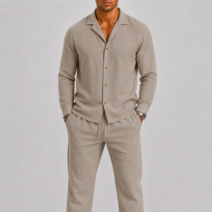 Ensemble en lin pour homme à col cubain, style estival intemporel