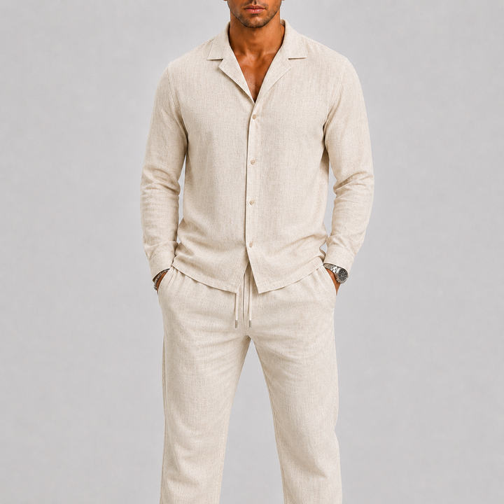 Ensemble en lin pour homme à col cubain, style estival intemporel