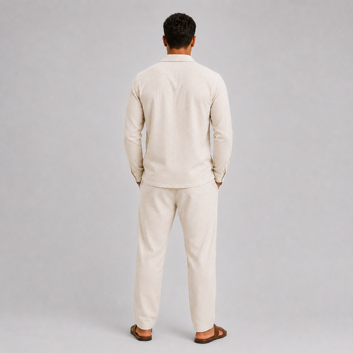 Ensemble en lin pour homme à col cubain, style estival intemporel