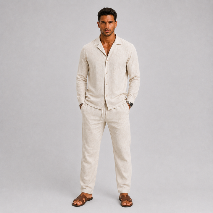 Ensemble en lin pour homme à col cubain, style estival intemporel