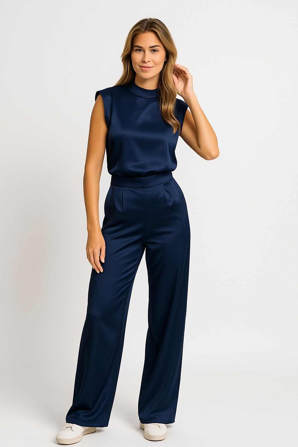 Catharina | Damen Jumpsuit – Luxus Satinlook, Ärmellos, Weite Beine, Offener Rücken