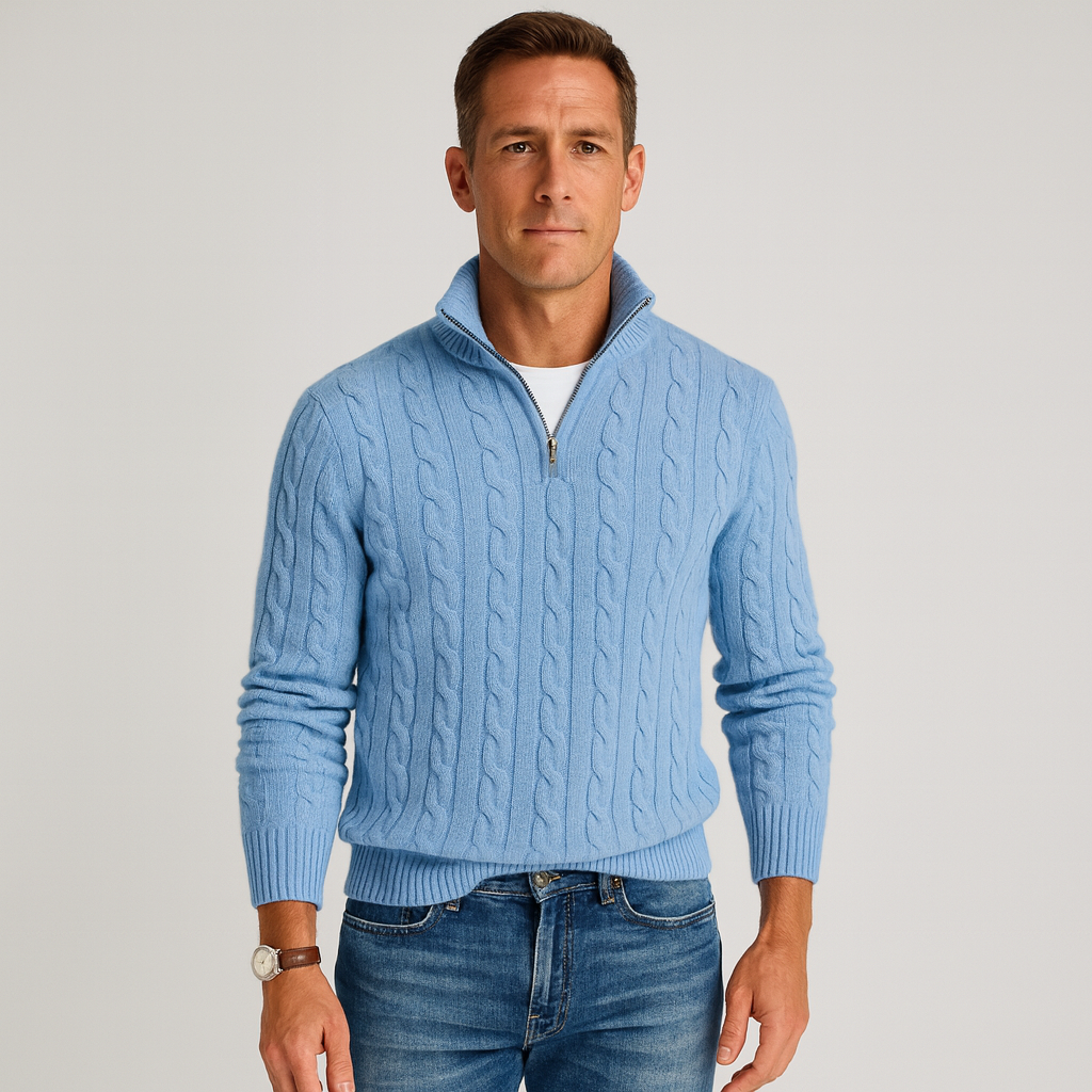 Kabelstrick Halb-Zip Pullover Herren Hoher Kragen