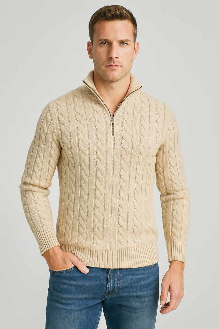 Kabelstrick Halb-Zip Pullover Herren Hoher Kragen