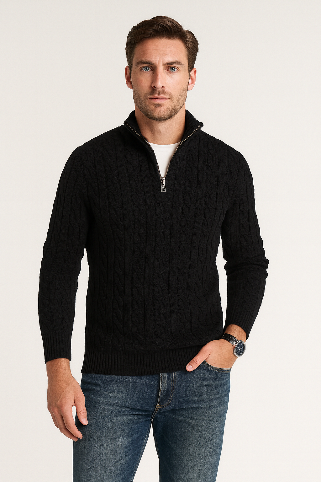 Kabelstrick Halb-Zip Pullover Herren Hoher Kragen