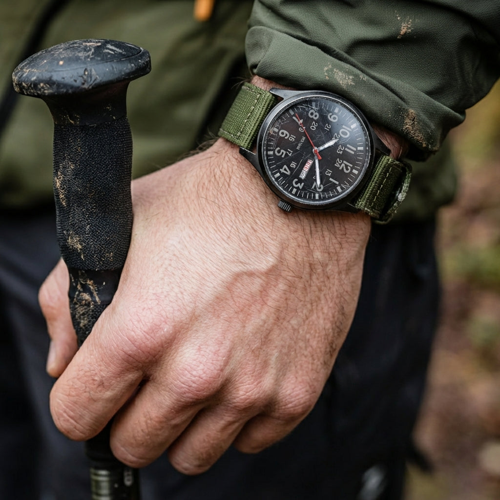 Montre de campagne classique pour homme avec bracelet en tissu et affichage du jour et de la date