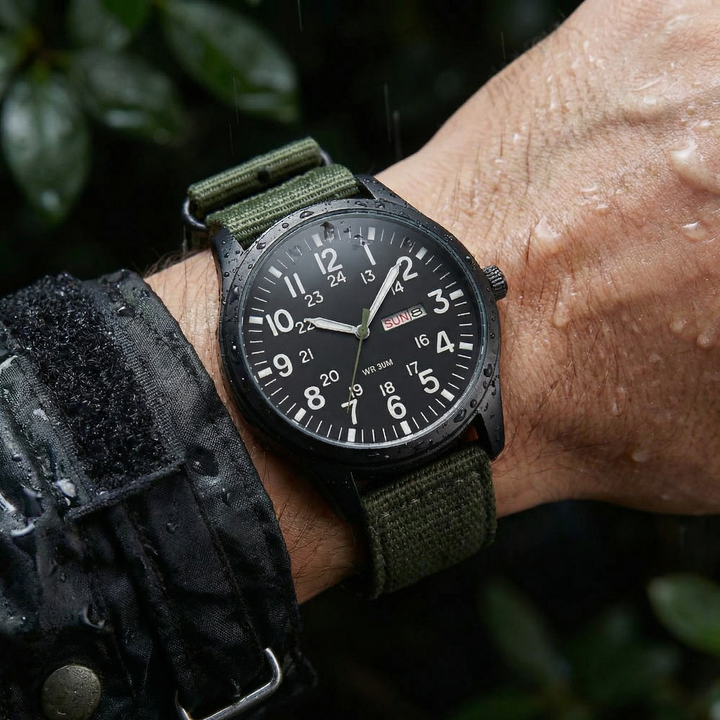 Montre de campagne classique pour homme avec bracelet en tissu et affichage du jour et de la date