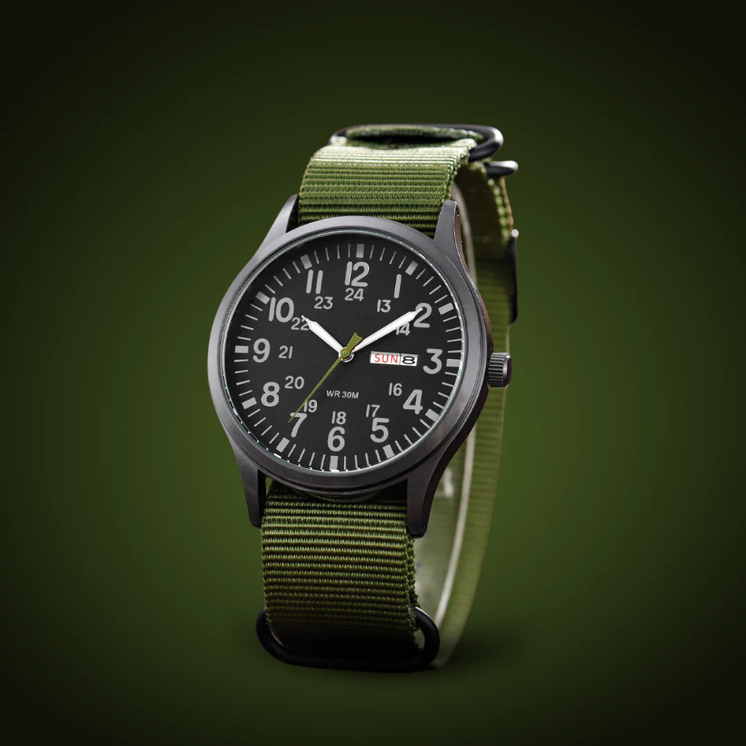 Montre de campagne classique pour homme avec bracelet en tissu et affichage du jour et de la date