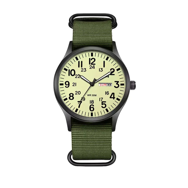 Montre de campagne classique pour homme avec bracelet en tissu et affichage du jour et de la date