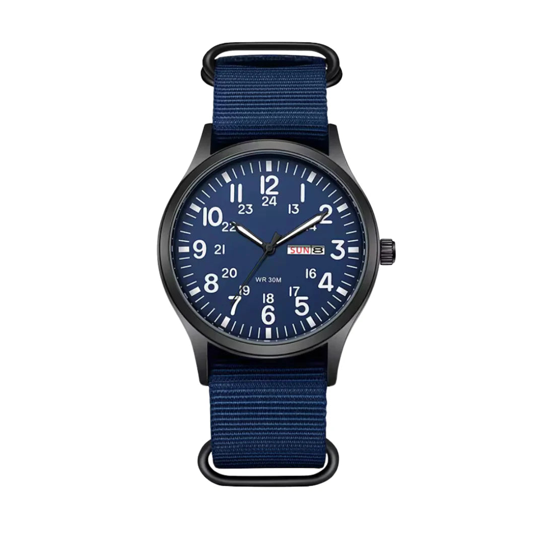 Montre de campagne classique pour homme avec bracelet en tissu et affichage du jour et de la date