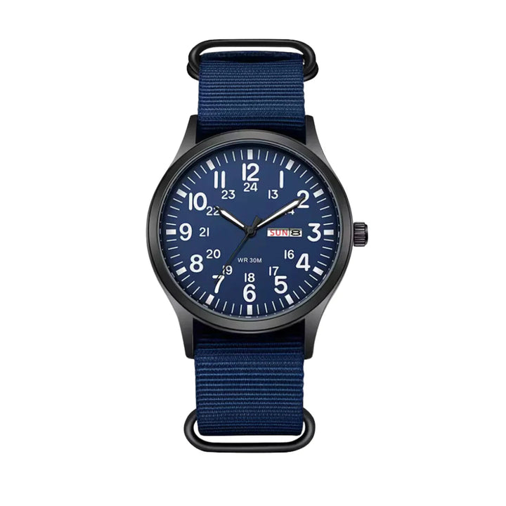 Montre de campagne classique pour homme avec bracelet en tissu et affichage du jour et de la date