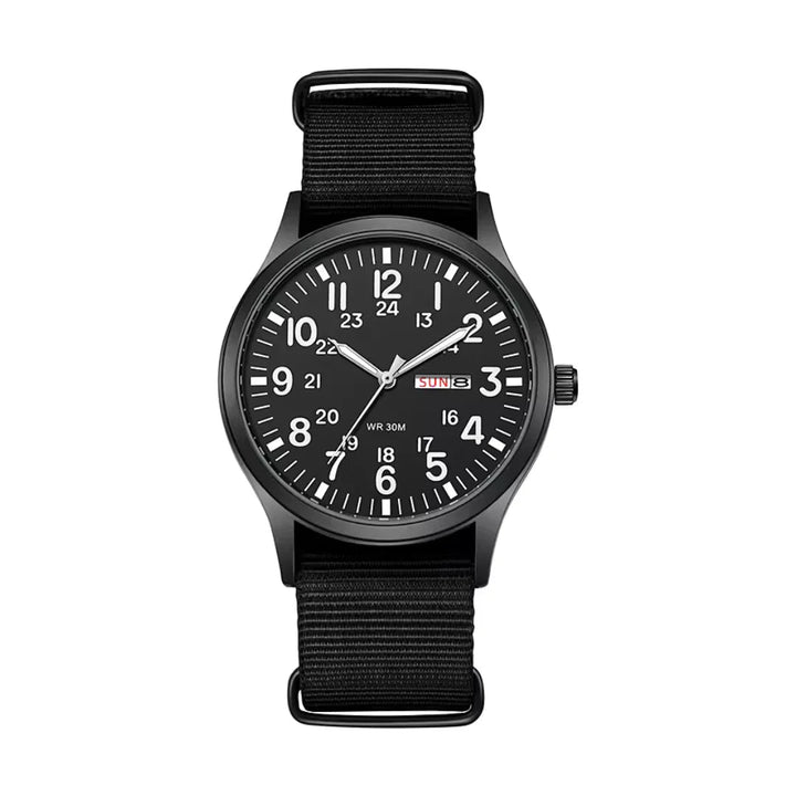 Montre de campagne classique pour homme avec bracelet en tissu et affichage du jour et de la date