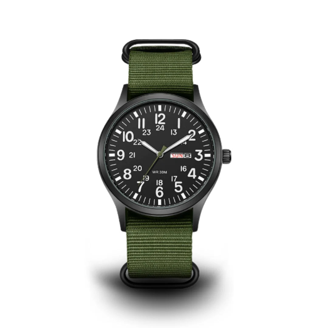 Montre de campagne classique pour homme avec bracelet en tissu et affichage du jour et de la date