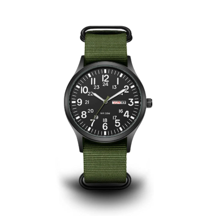 Montre de campagne classique pour homme avec bracelet en tissu et affichage du jour et de la date