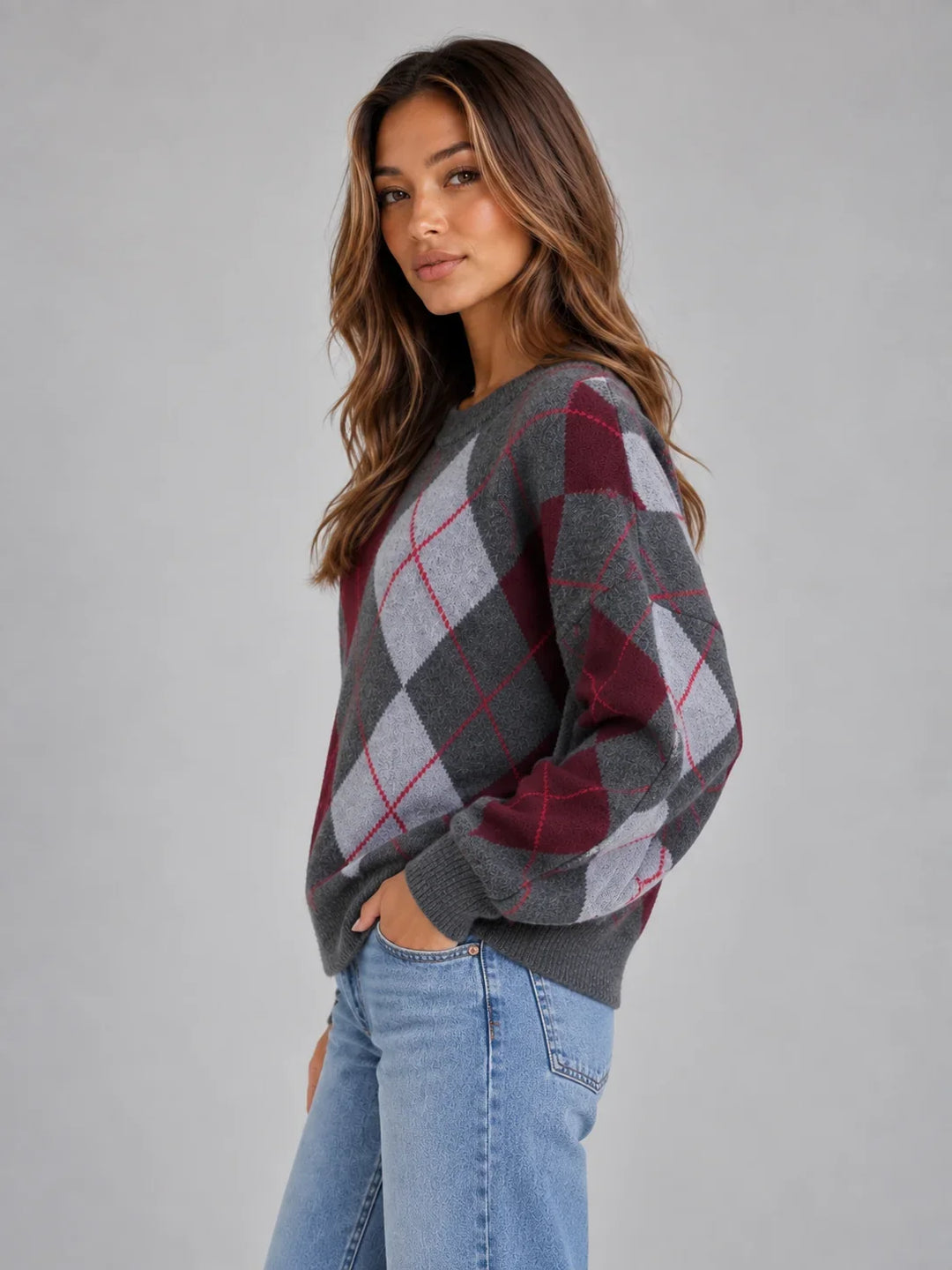 Pullover Damen - Argyle Strickpullover mit Rundhalsausschnitt