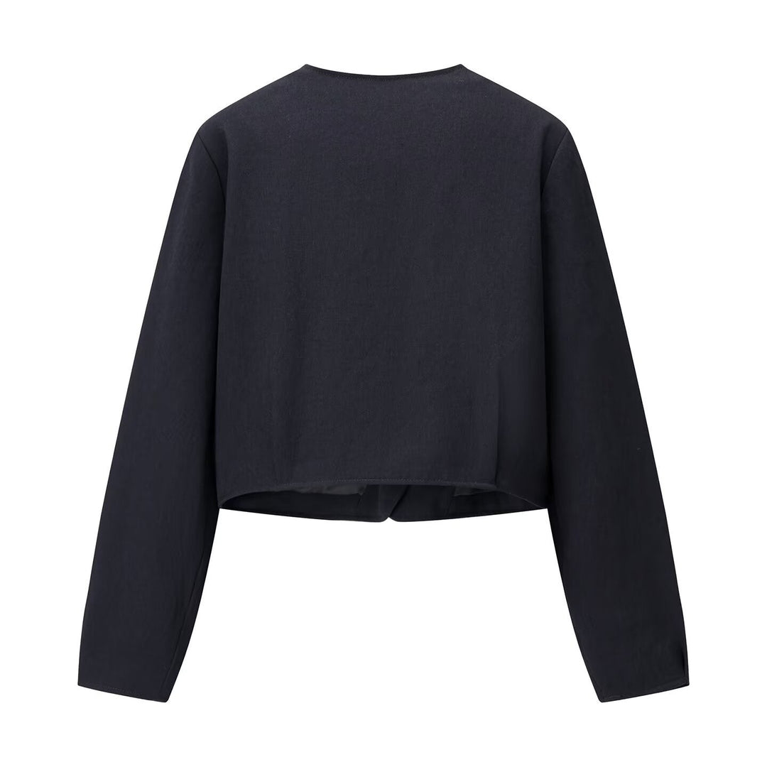 Saubere Damen-Cropped-Jacke mit kragenlosem Design und Knopfverschluss