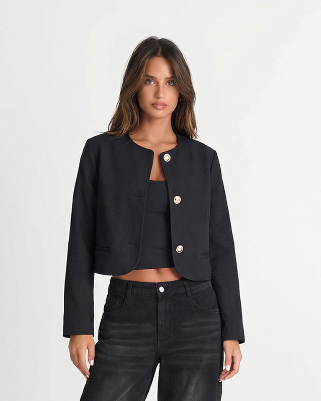 Saubere Damen-Cropped-Jacke mit kragenlosem Design und Knopfverschluss