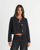 Saubere Damen-Cropped-Jacke mit kragenlosem Design und Knopfverschluss