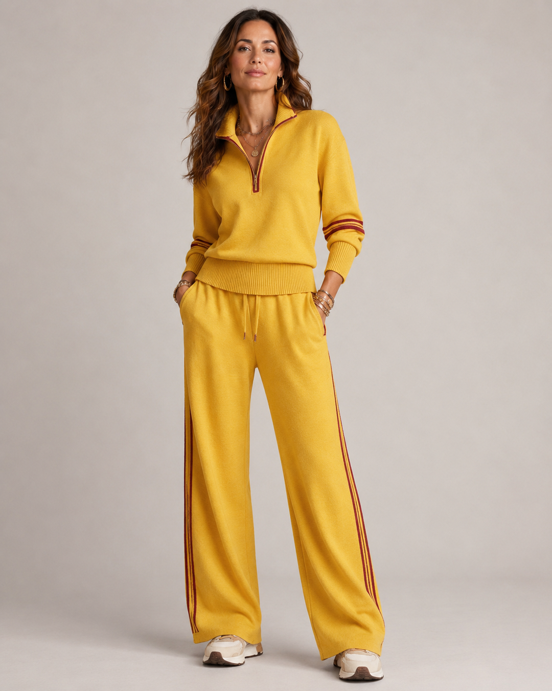 Ensemble deux pièces en maille avec pull à quart de zip et pantalon large