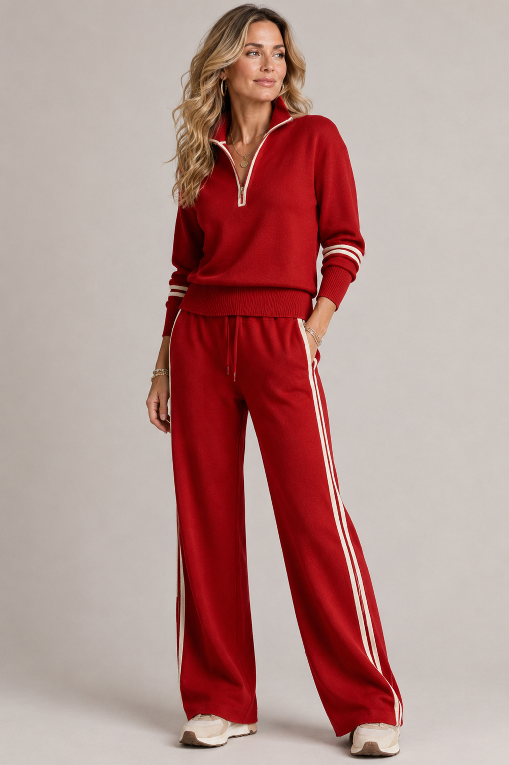 Ensemble deux pièces en maille avec pull à quart de zip et pantalon large