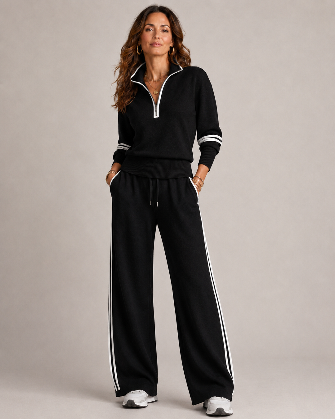 Ensemble deux pièces en maille avec pull à quart de zip et pantalon large