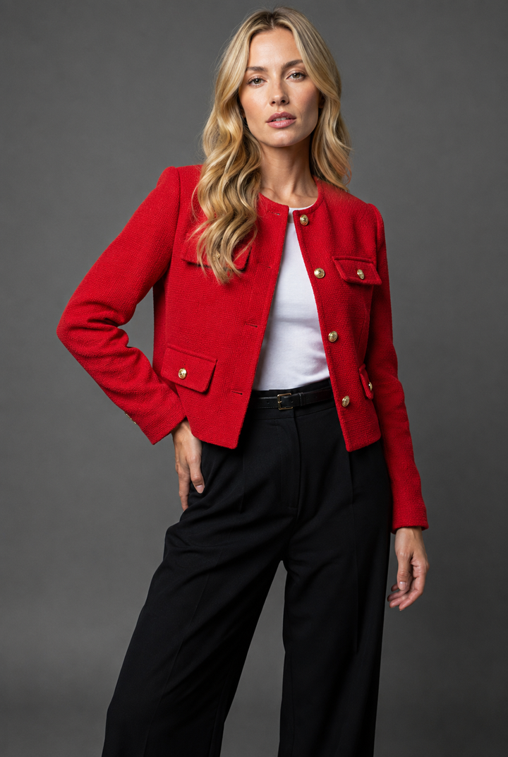 Gekürzter Tweed-Blazer mit goldenen Knöpfen und Klappentaschen