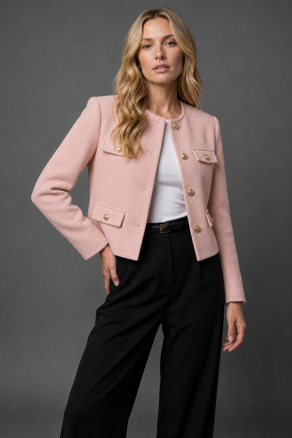 Gekürzter Tweed-Blazer mit goldenen Knöpfen und Klapptaschen