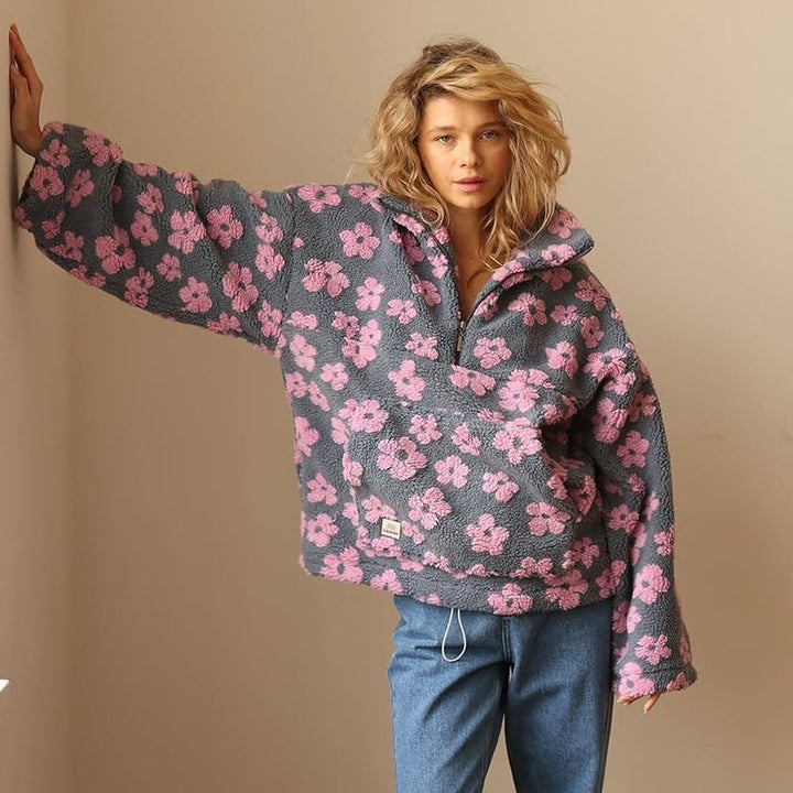 Übergroße florale Teddy-Fleece-Jacke mit halbem Reißverschluss