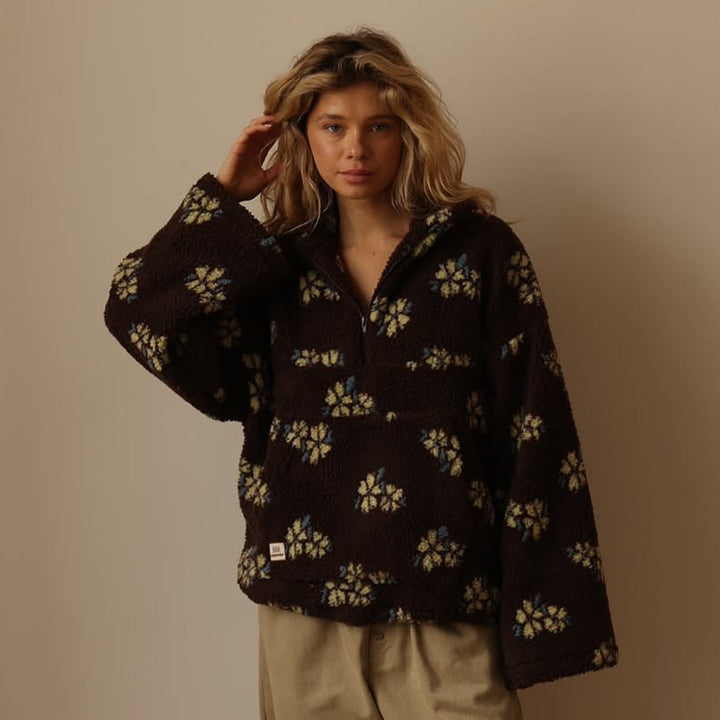 Übergroße florale Teddy-Fleece-Jacke mit halbem Reißverschluss