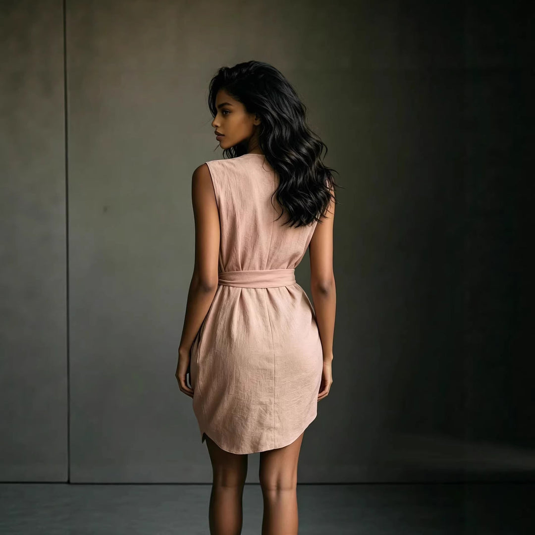 Damen Elegantes Leinen-Look V-Ausschnitt Wickelkleid ohne Ärmel | Garti