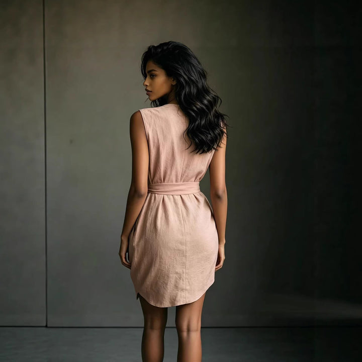 Damen Elegantes Leinen-Look V-Ausschnitt Wickelkleid ohne Ärmel | Garti
